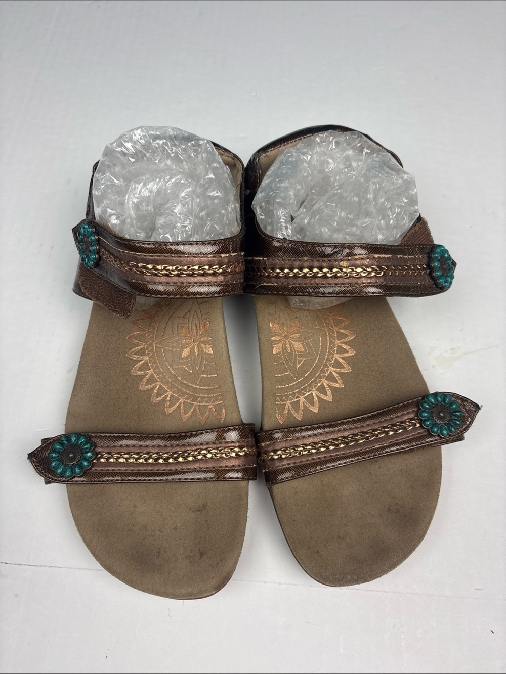 Aetrex Women 9 9.5 Sandals SE202W Bronze Turquoise Beaded Open Toe Summer Comfy